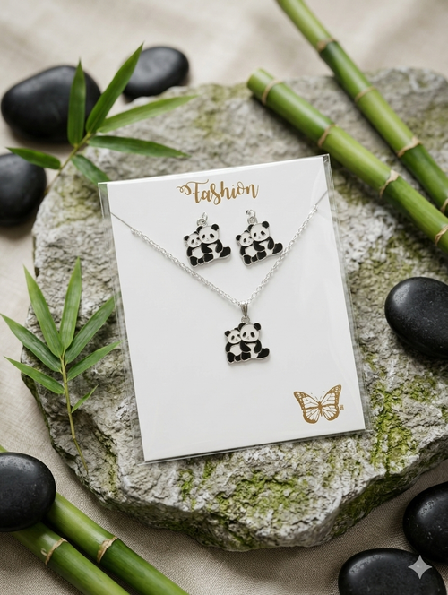 Adorable Twin Panda Silver-Finish Jewelry Set (Necklace & Earrings)
