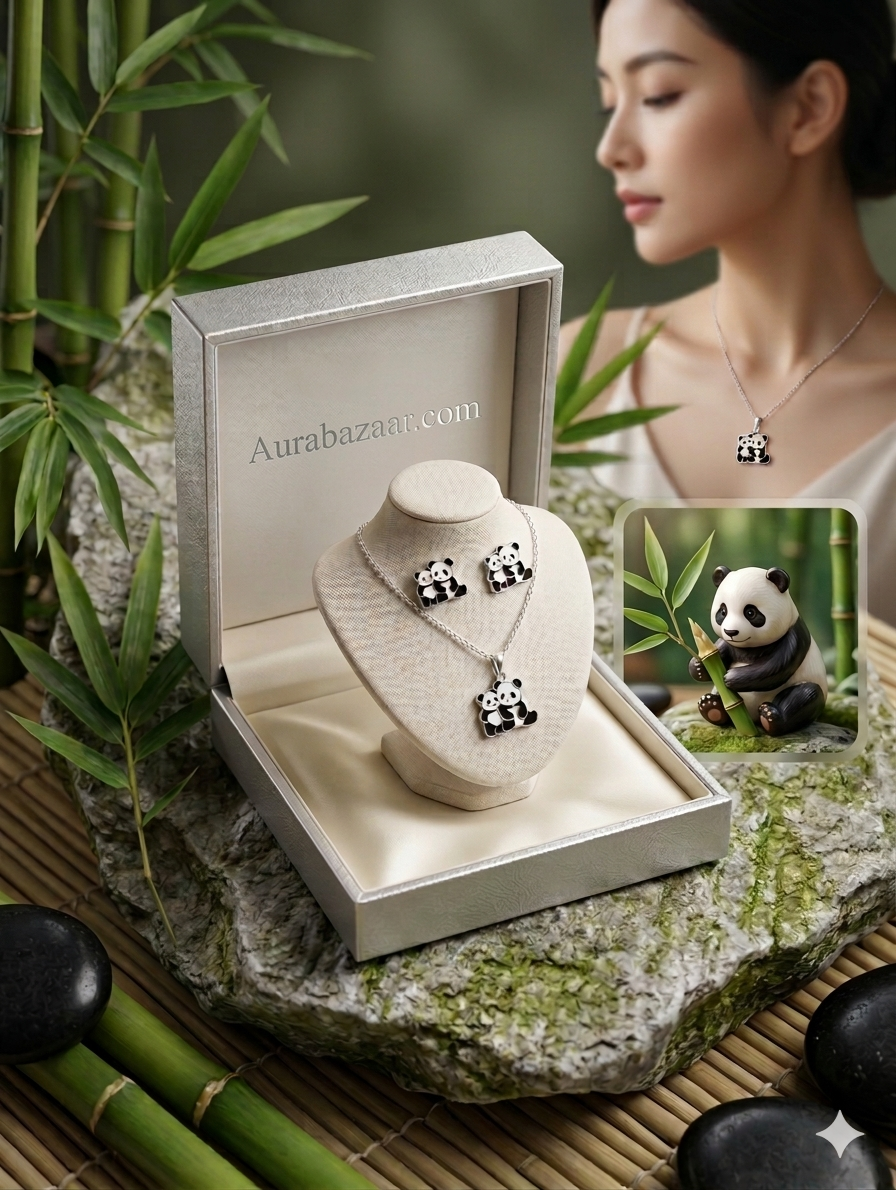 Adorable Twin Panda Silver-Finish Jewelry Set (Necklace & Earrings)
